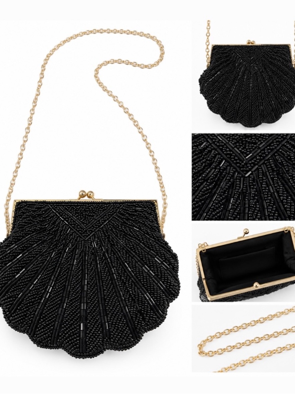 La Regale Black Beaded Shell Shoulder Bag with Gold Chain Strap